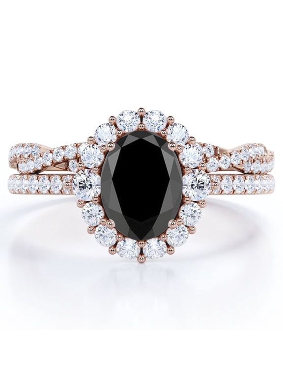 Halo Cluster - 1.5 Carat Egg Shaped Lab Created Black Diamond and Moissanite - Pave Crossover Bridal Set - 18K Rose Gold Plating over Silver