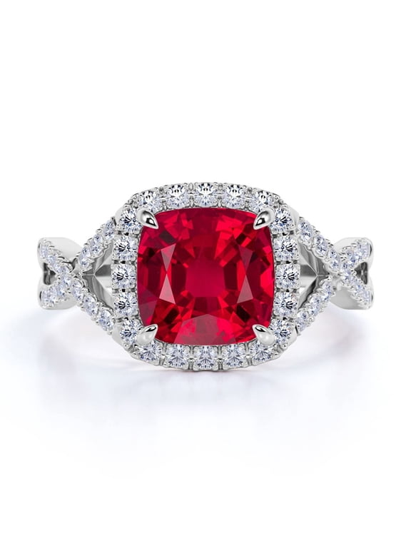 Halo Four Prong - 2 TCW Round Cut Lab Created Ruby and Moissanite - Gorgeous Crossover Pave Engagement Ring - 18K White Gold Plating over Silver