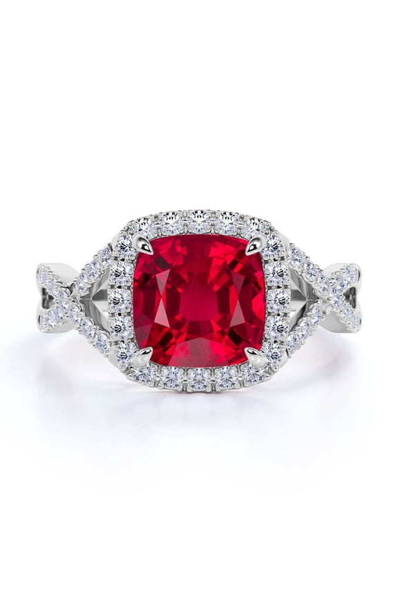 Halo Four Prong - 2 TCW Round Cut Lab Created Ruby and Moissanite - Gorgeous Crossover Pave Engagement Ring - 18K White Gold Plating over Silver