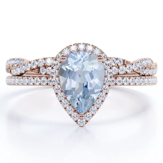 JeenMata Halo Pave Design - 1.25 Carat Teardrop Created Aquamarine and Moissanite - Infinity Twisted Shank Wedding Ring Set - 18K Rose Gold Plating over Silver