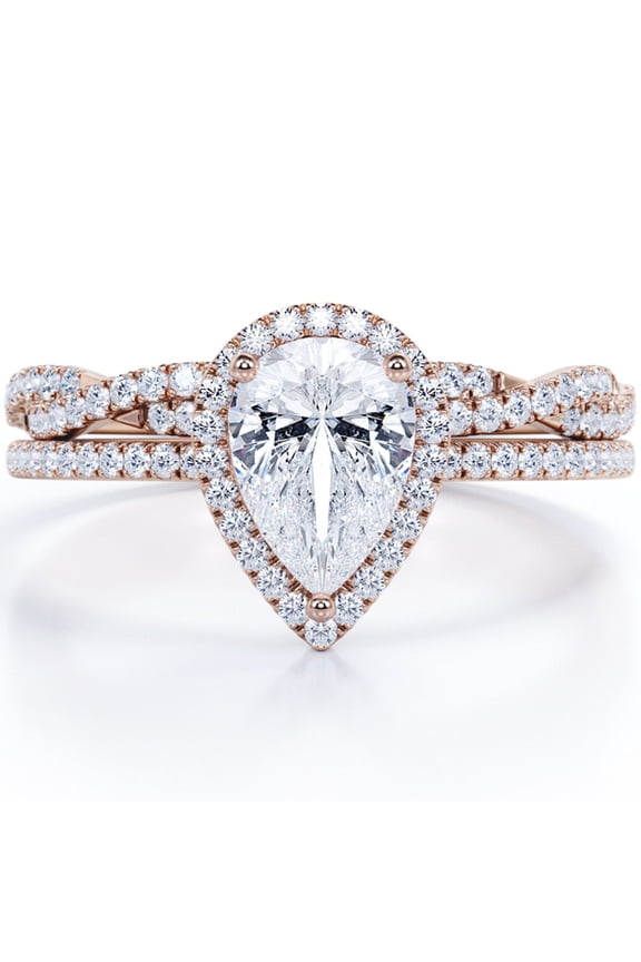 Halo Pave Design - 1.25 Carat Teardrop Moissanite - Infinity Twisted Shank Wedding Ring Set - 18K Rose Gold Plating for Women