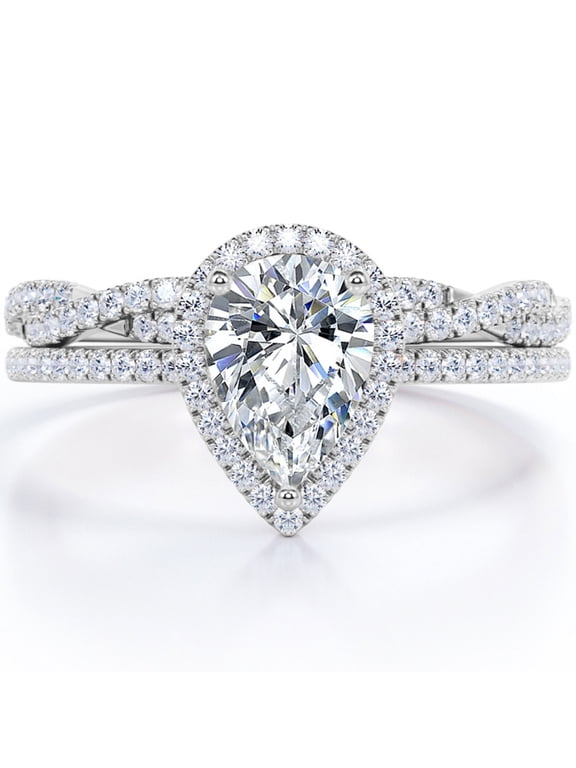 Halo Pave Design - 1.25 Carat Teardrop Moissanite - Infinity Twisted Shank Wedding Ring Set - 18K White Gold Plating for Women