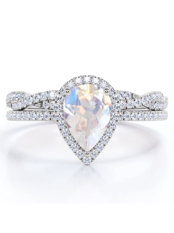 Halo Pave Design - 1.25 Carat Teardrop Rainbow Moonstone and Moissanite - Infinity Twisted Shank Wedding Ring Set - 18K White Gold Plating over Silver