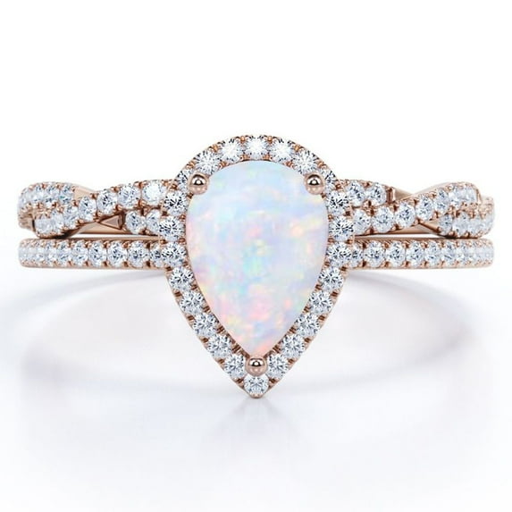 JeenMata Halo Pave Design - 1.5 Carat Pear Cut Rainbow Opal and Moissanite - Infinity Twisted Shank Wedding Ring Set - 18K Rose Gold Plating over Silver