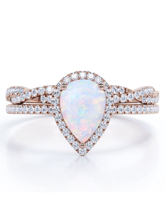 Halo Pave Design - 1.5 Carat Pear Cut Rainbow Opal and Moissanite - Infinity Twisted Shank Wedding Ring Set - 18K Rose Gold Plating over Silver