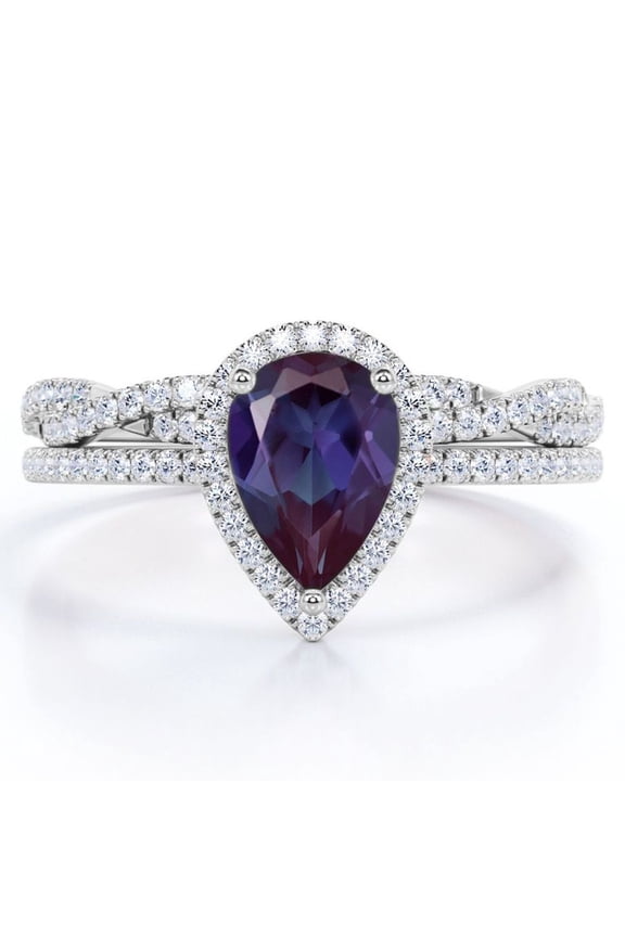 Halo Pave Design - 1.5 Carat Teardrop Lab Created Alexandrite and Moissanite - Infinity Twisted Shank Wedding Ring Set - 18K White Gold Plating over Silver