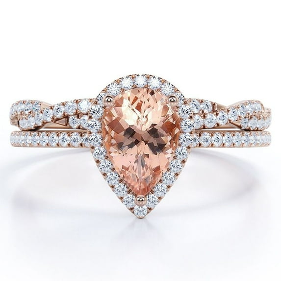 JeenMata Halo Pave Design - 1.5 Carat Teardrop Peach created morganite and Moissanite - Infinity Twisted Shank Wedding Ring Set - 18K Rose Gold Plating over Silver