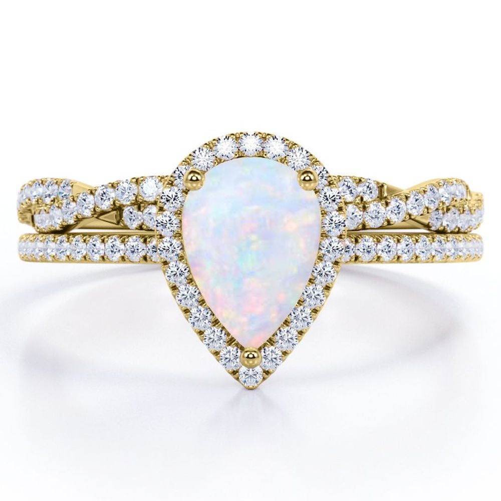 JeenMata Halo Pave Design - 1.5 Carat Teardrop Rainbow Opal and Moissanite - Infinity Twisted Shank Wedding Ring Set - 18K Yellow Gold Plating over Silver
