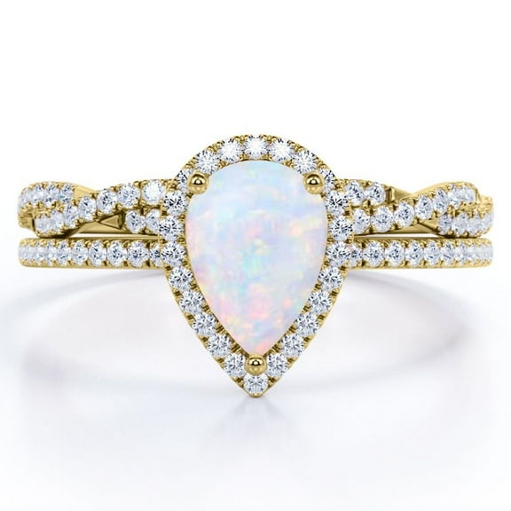 JeenMata Halo Pave Design - 1.5 Carat Teardrop Rainbow Opal and Moissanite - Infinity Twisted Shank Wedding Ring Set - 18K Yellow Gold Plating over Silver
