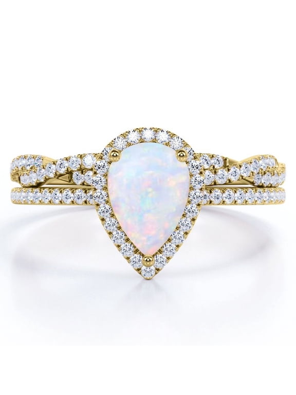 Halo Pave Design - 1.5 Carat Teardrop Rainbow Opal and Moissanite - Infinity Twisted Shank Wedding Ring Set - 18K Yellow Gold Plating over Silver