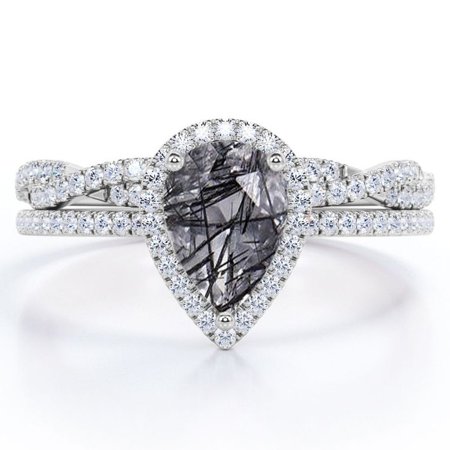 JeenMata Halo Pave Design - 1.5 Carat Teardrop Solid Black Rutilated Quartz and Moissanite - Infinity Twisted Shank Wedding Ring Set - 18K White Gold Plating over Silver