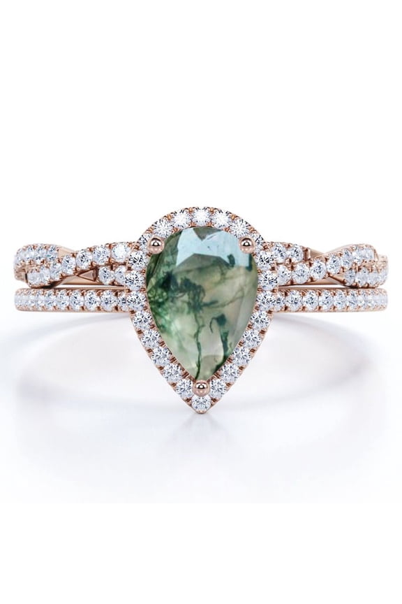 Halo Pave Design - 1.5 Carat Teardrop Transparent Druzy Moss Green Agate and Moissanite - Infinity Twisted Shank Wedding Ring Set - 18K Rose Gold Plating over Silver