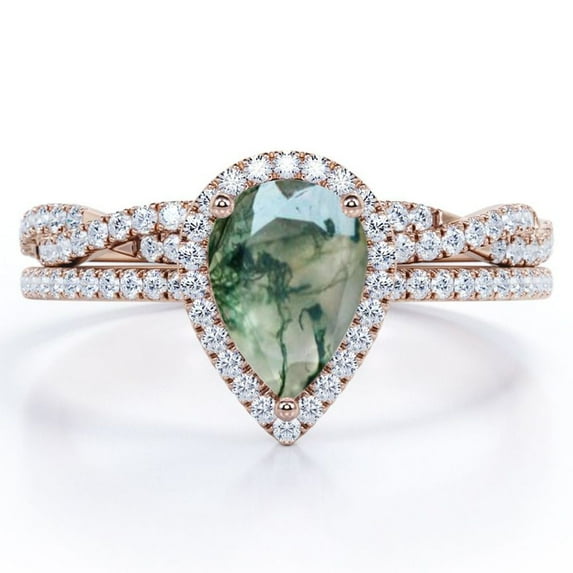 JeenMata Halo Pave Design - 1.5 Carat Teardrop Transparent Druzy Moss Green Agate and Moissanite - Infinity Twisted Shank Wedding Ring Set - 18K Rose Gold Plating over Silver