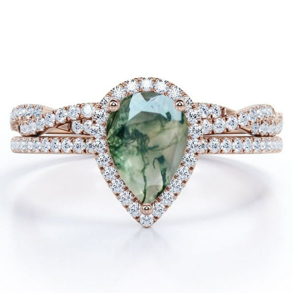 JeenMata Halo Pave Design - 1.5 Carat Teardrop Transparent Druzy Moss Green Agate and Moissanite - Infinity Twisted Shank Wedding Ring Set - 18K Rose Gold Plating over Silver