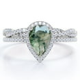 thumbnail image 1 of JeenMata Halo Pave Design - 1.5 Carat Teardrop Transparent Druzy Moss Green Agate and Moissanite - Infinity Twisted Shank Wedding Ring Set - 18K White Gold Plating over Silver, 1 of 7