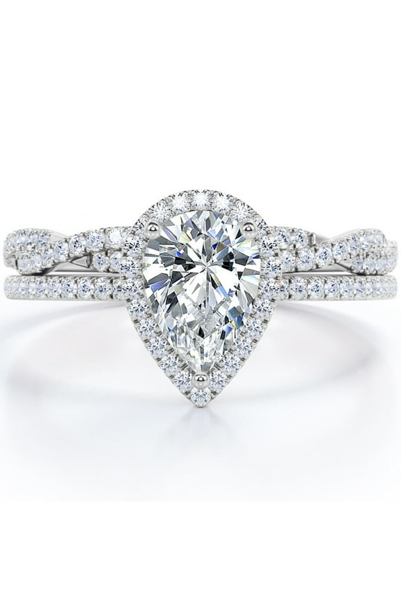 Halo Pave Design - 1.25 Carat Teardrop Moissanite - Infinity Twisted Shank Wedding Ring Set - 18K White Gold Plating for Women