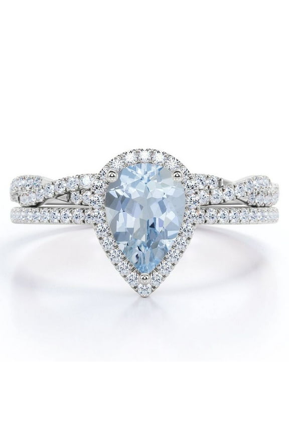 Halo Pave Design - 1.25 Carat Teardrop Created Aquamarine and Moissanite - Infinity Twisted Shank Wedding Ring Set - 18K White Gold Plating over Silver