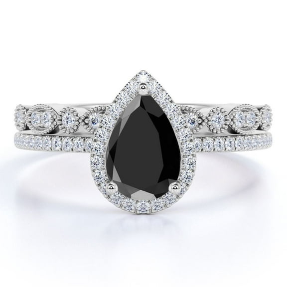 JeenMata Halo Pave Setting 1.5 Carat Pear Cut Art Deco Wedding Ring Set in 18 White Gold Plating over Silver