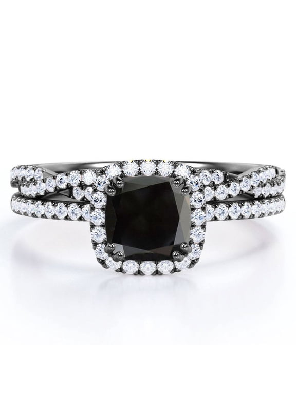 Halo Prong Set - 1.5 Carat Cushion Cut Lab Created Black Diamond and Moissanite - Pave Twisted Infinity Wedding Ring Set - 18K Black Gold Plating over Silver