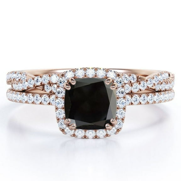 JeenMata Halo Prong Set - 1.5 Carat Cushion Cut Lab Created Black Diamond and Moissanite - Pave Twisted Infinity Wedding Ring Set - 18K Rose Gold Plating over Silver