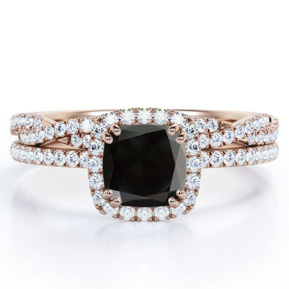 JeenMata Halo Prong Set - 1.5 Carat Cushion Cut Lab Created Black Diamond and Moissanite - Pave Twisted Infinity Wedding Ring Set - 18K Rose Gold Plating over Silver