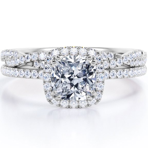 JeenMata Halo Prong Set - 1.5 Carat Cushion Cut Moissanite - Pave Twisted Infinity Wedding Ring Set - 18K White Gold Plating over Silver
