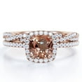 thumbnail image 1 of JeenMata Halo Prong Set - 1.5 Carat Cushion Cut Peach Pink created morganite and Moissanite - Pave Twisted Infinity Wedding Ring Set - 18K Rose Gold Plating over Silver, 1 of 6