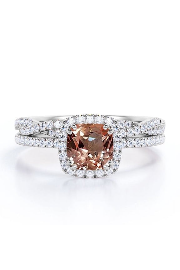Halo Prong Set - 1.5 Carat Cushion Cut Peach Pink created morganite and Moissanite - Pave Twisted Infinity Wedding Ring Set - 18K White Gold Plating over Silver