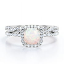 JeenMata Halo Prong Set - 1.5 Carat Cushion Cut Rainbow Opal and Moissanite - Pave Twisted Infinity Wedding Ring Set - 18K White Gold Plating over Silver