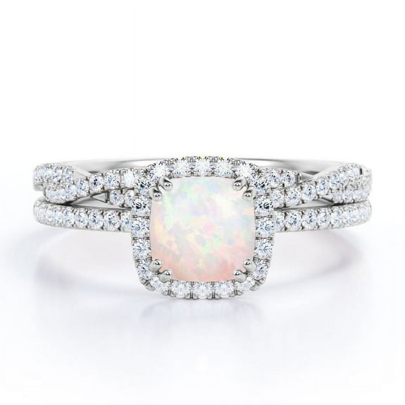 JeenMata Halo Prong Set - 1.5 Carat Cushion Cut Rainbow Opal and Moissanite - Pave Twisted Infinity Wedding Ring Set - 18K White Gold Plating over Silver