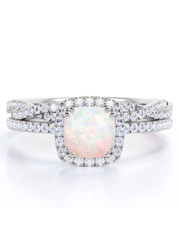 Halo Prong Set - 1.5 Carat Cushion Cut Rainbow Opal and Moissanite - Pave Twisted Infinity Wedding Ring Set - 18K White Gold Plating over Silver