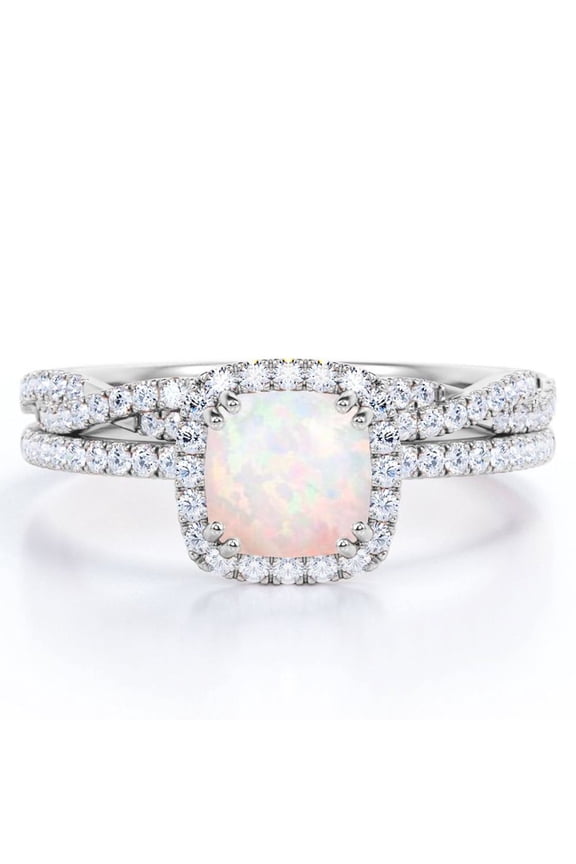 Halo Prong Set - 1.5 Carat Cushion Cut Rainbow Opal and Moissanite - Pave Twisted Infinity Wedding Ring Set - 18K White Gold Plating over Silver