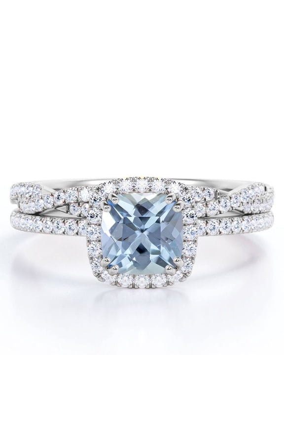 Halo Prong Set - 1.5 Carat Cushion Cut Seafoam Created Aquamarine and Moissanite - Pave Twisted Infinity Wedding Ring Set - 18K White Gold Plating over Silver