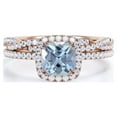 thumbnail image 1 of JeenMata Halo Prong Set - 1.50 Carat Cushion Cut Seafoam Created Aquamarine and Moissanite - Pave Twisted Infinity Wedding Ring Set - 18K Rose Gold Plating over Silver, 1 of 6