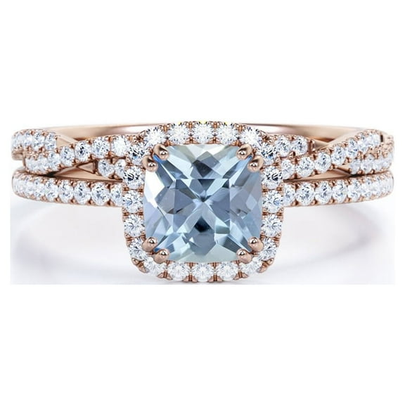 JeenMata Halo Prong Set - 1.50 Carat Cushion Cut Seafoam Created Aquamarine and Moissanite - Pave Twisted Infinity Wedding Ring Set - 18K Rose Gold Plating over Silver