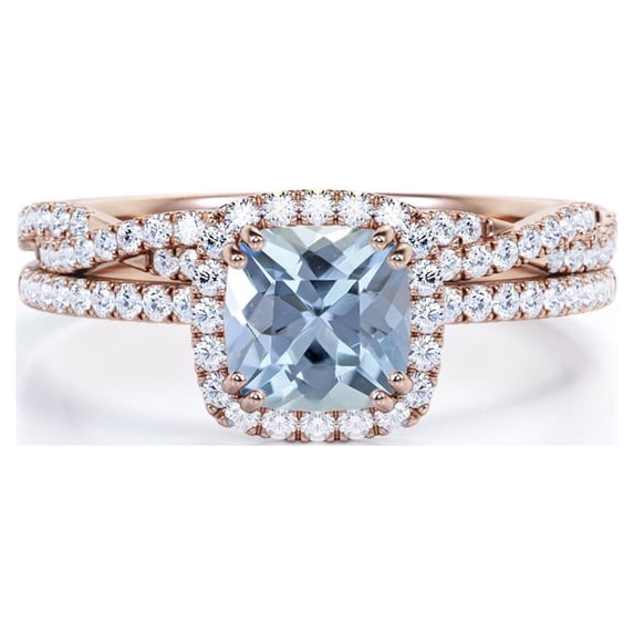 JeenMata Halo Prong Set - 1.50 Carat Cushion Cut Seafoam Created Aquamarine and Moissanite - Pave Twisted Infinity Wedding Ring Set - 18K Rose Gold Plating over Silver