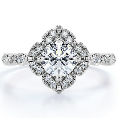 JeenMata Hand Made 1.75 Carat Round Cut Moissanite Engagement Ring in 18k White Gold Over Silver Vintage Ring