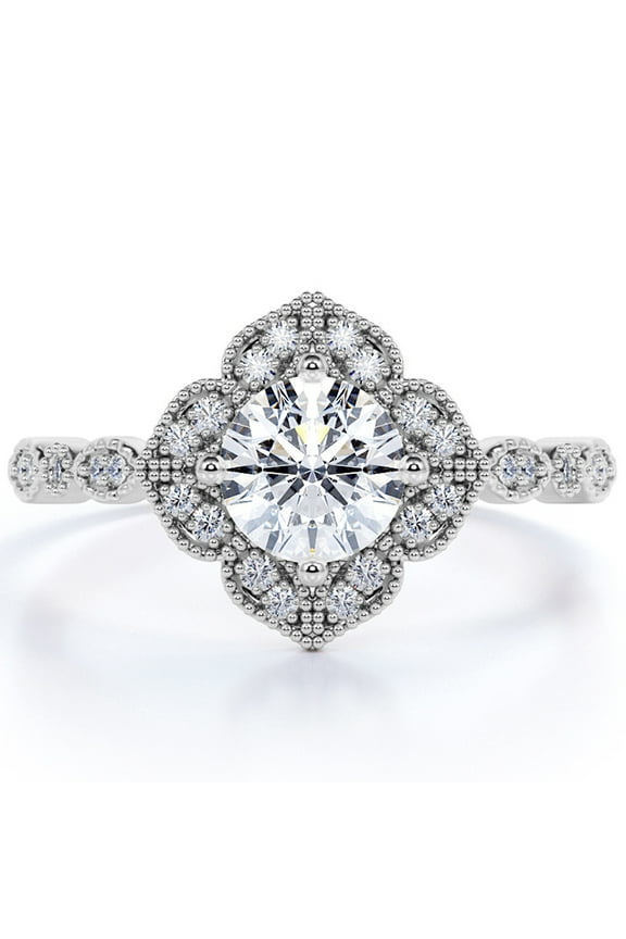 Hand Made 1.75 Carat Round Cut Moissanite Engagement Ring in 18k White Gold Over Silver Vintage Ring