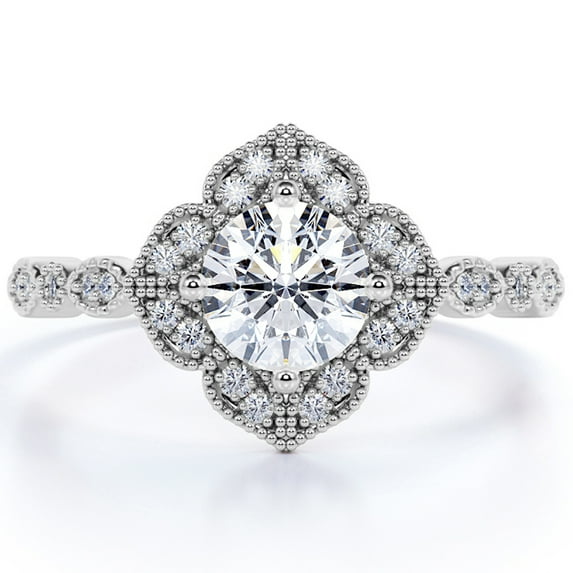 JeenMata Hand Made 1.75 Carat Round Cut Moissanite Engagement Ring in 18k White Gold Over Silver Vintage Ring
