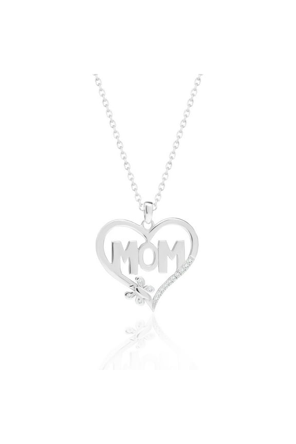 Heart and Butterfly Mom Diamond Pendant Necklace in 18K White Gold over Silver