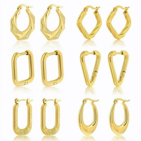 JeenMata Hoop Yellow Gold Plated Earrings, Stainless Steel, 6 Pairs