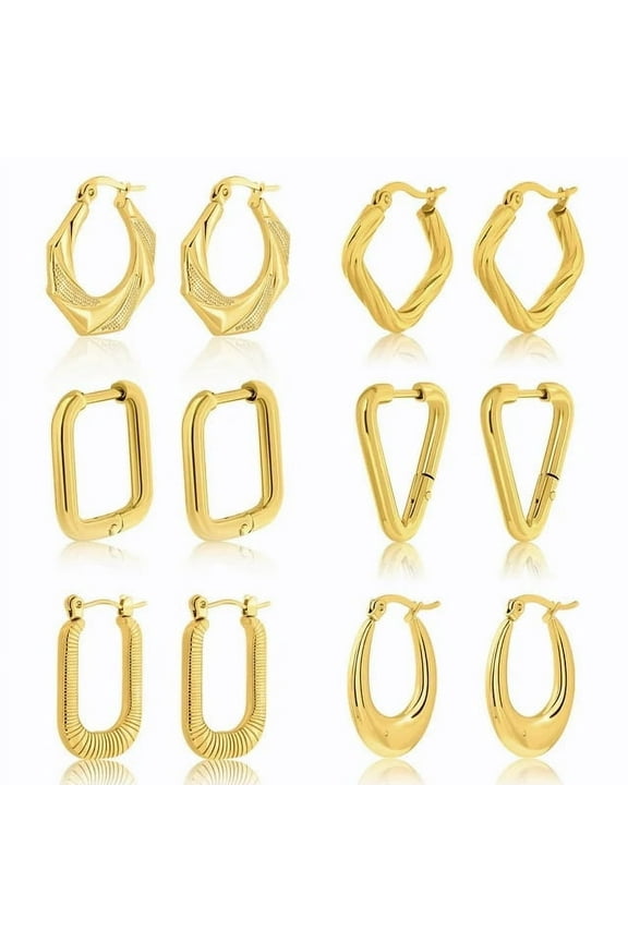 Hoop Yellow Gold Plated Earrings, Stainless Steel, 6 Pairs