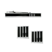 JeenMata Horizontal Black and Silver Cufflinks and Tie Pin Clip Set - Formal Men's Accessories