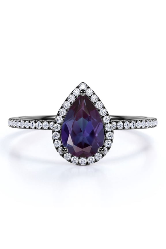 Huge 1.25 Carat Pear Cut Lab Created Alexandrite and Natural Moissanite Halo Half Eternity Engagement Ring in 18k Black Gold over Silver