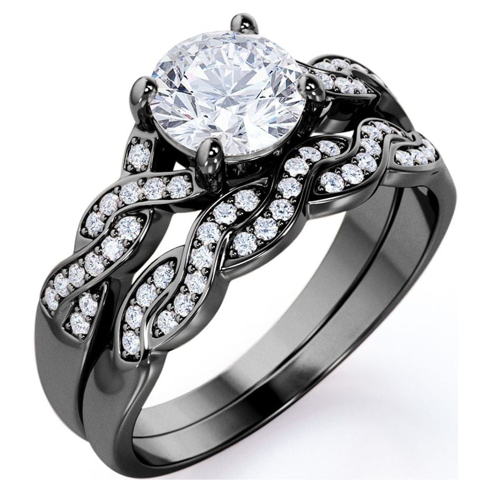 JeenMata 1.25 Carat Round Cut Moissanite Wedding Set - Bridal Set - Infinity Ring - Forever Ring - Promise Ring - 18k Black Gold Plated for Women