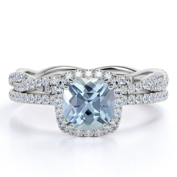JeenMata Infinity 1.5 Carat Cushion Cut Created Aquamarine and Moissanite Wedding Ring Set in 18k White Gold over Silver