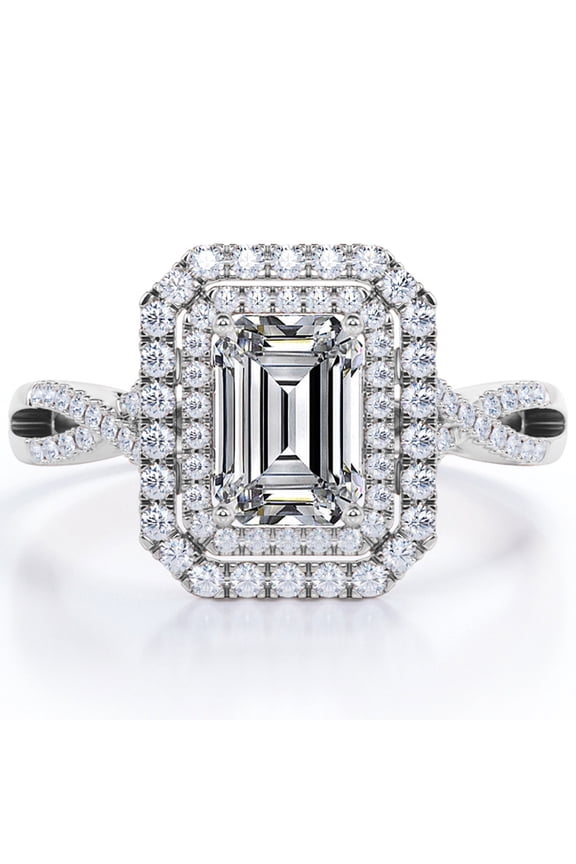 Infinity Design - 1.75 Carat Emerald Cut Moissanite - Dual Halo Cluster Engagement Ring - 18K White Gold Plating over Silver