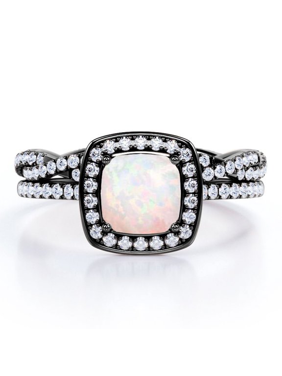 Infinity Eternity Pave 1.75 carat Cushion Cut Andamooka Opal And Moissanite Pave-Channel Halo Wedding Ring Set In 18K Black Gold Plating Over Silver