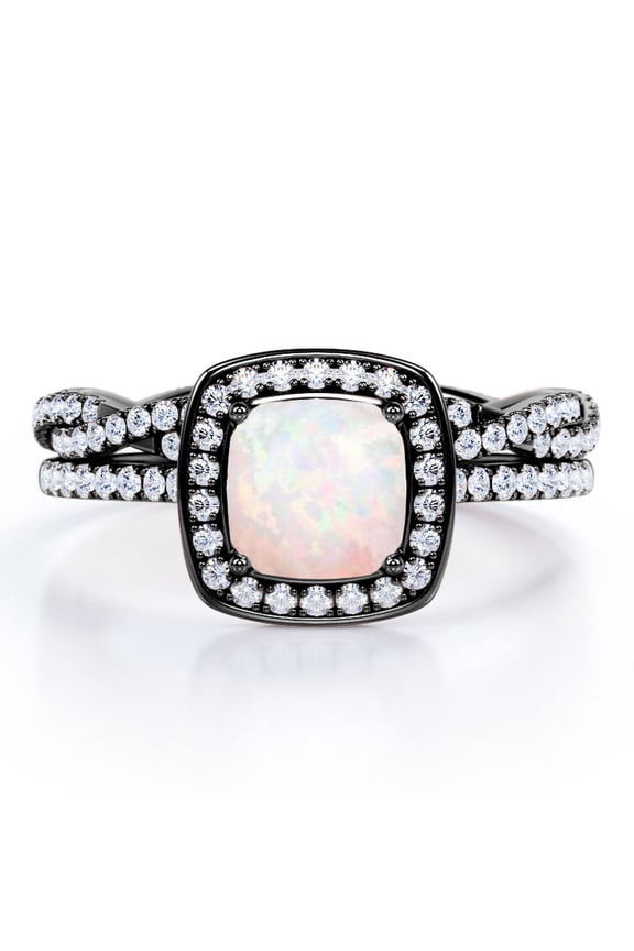 Infinity Eternity Pave 1.75 carat Cushion Cut Andamooka Opal And Moissanite Pave-Channel Halo Wedding Ring Set In 18K Black Gold Plating Over Silver