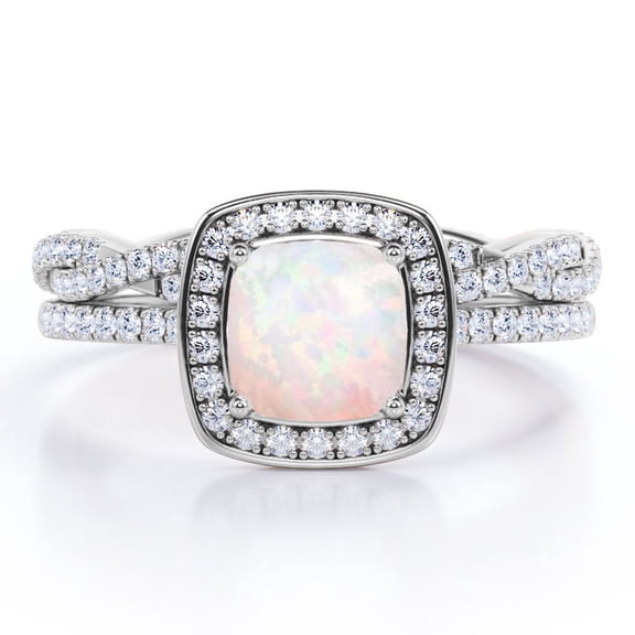 JeenMata Infinity Eternity Pave 1.75 carat Cushion Cut Andamooka Opal And Moissanite Pave-Channel Halo Wedding Ring Set In 18K White Gold Plating Over Silver